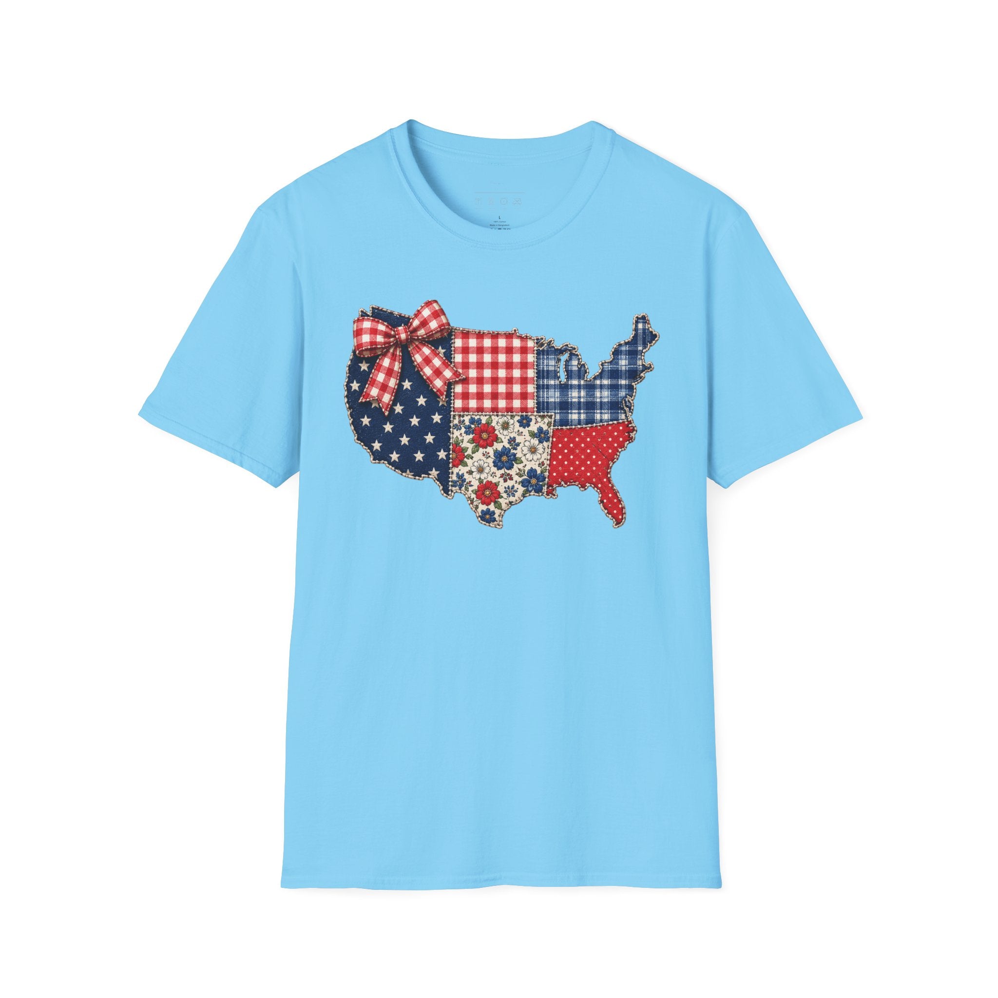 Patriotic Patchwork USA T-Shirt — Quilted Red White & Blue Map Tee