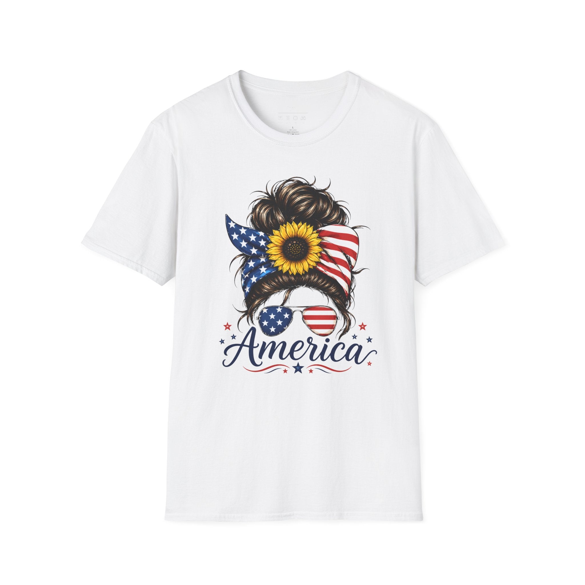 T-Shirt — Patriotic Sunflower Messy Bun (America)