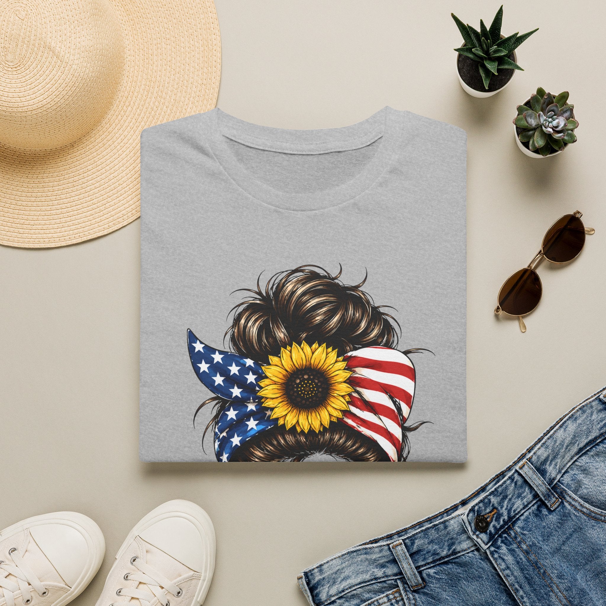T-Shirt — Patriotic Sunflower Messy Bun (America)
