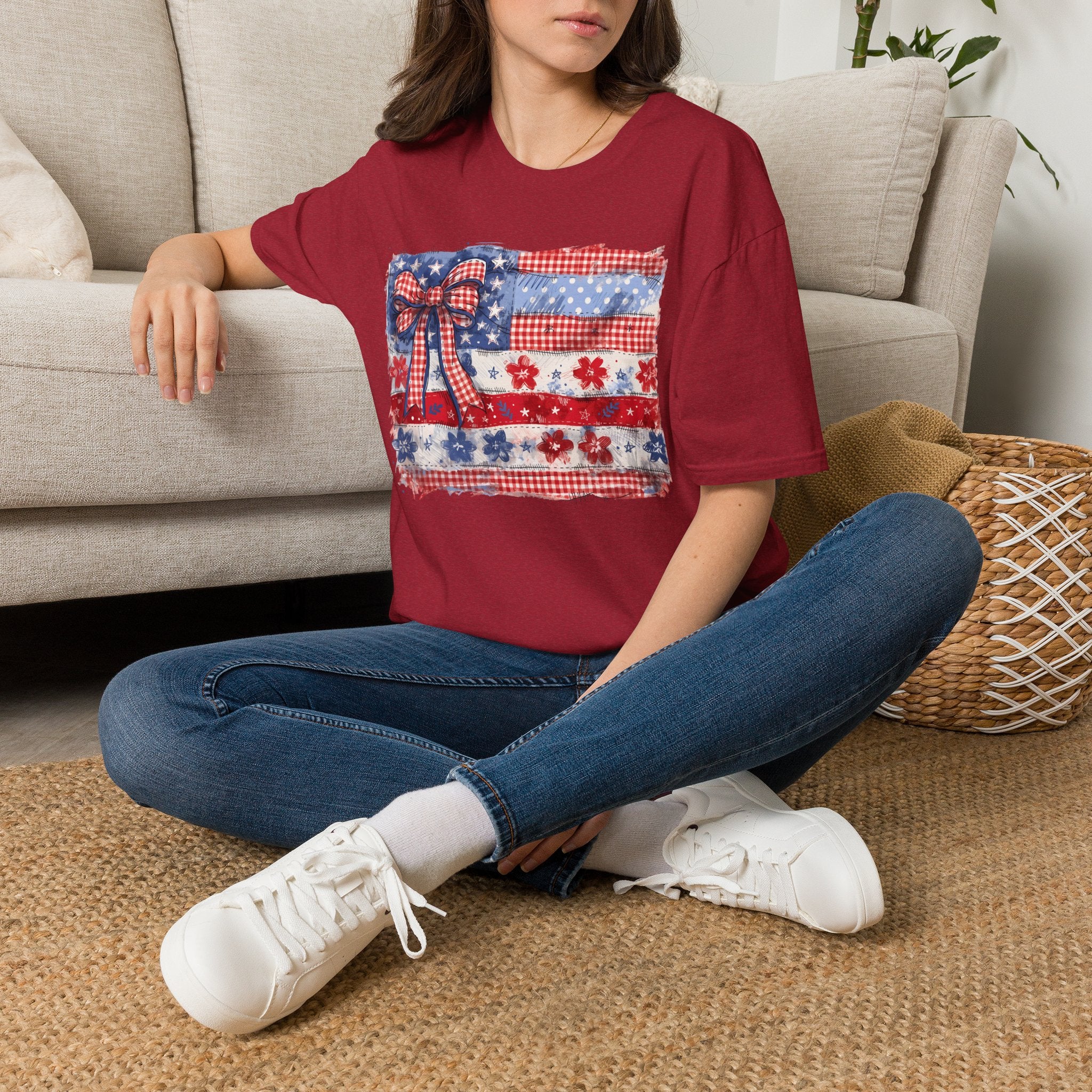 Patriotic Flag Bow T-Shirt — American Red White Blue Fourth of July Tee