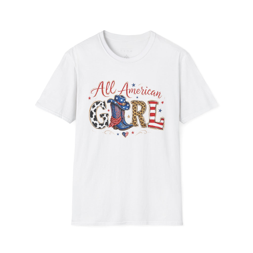 All American Girl T-Shirt — Patriotic USA Leopard & Flag Graphic Tee