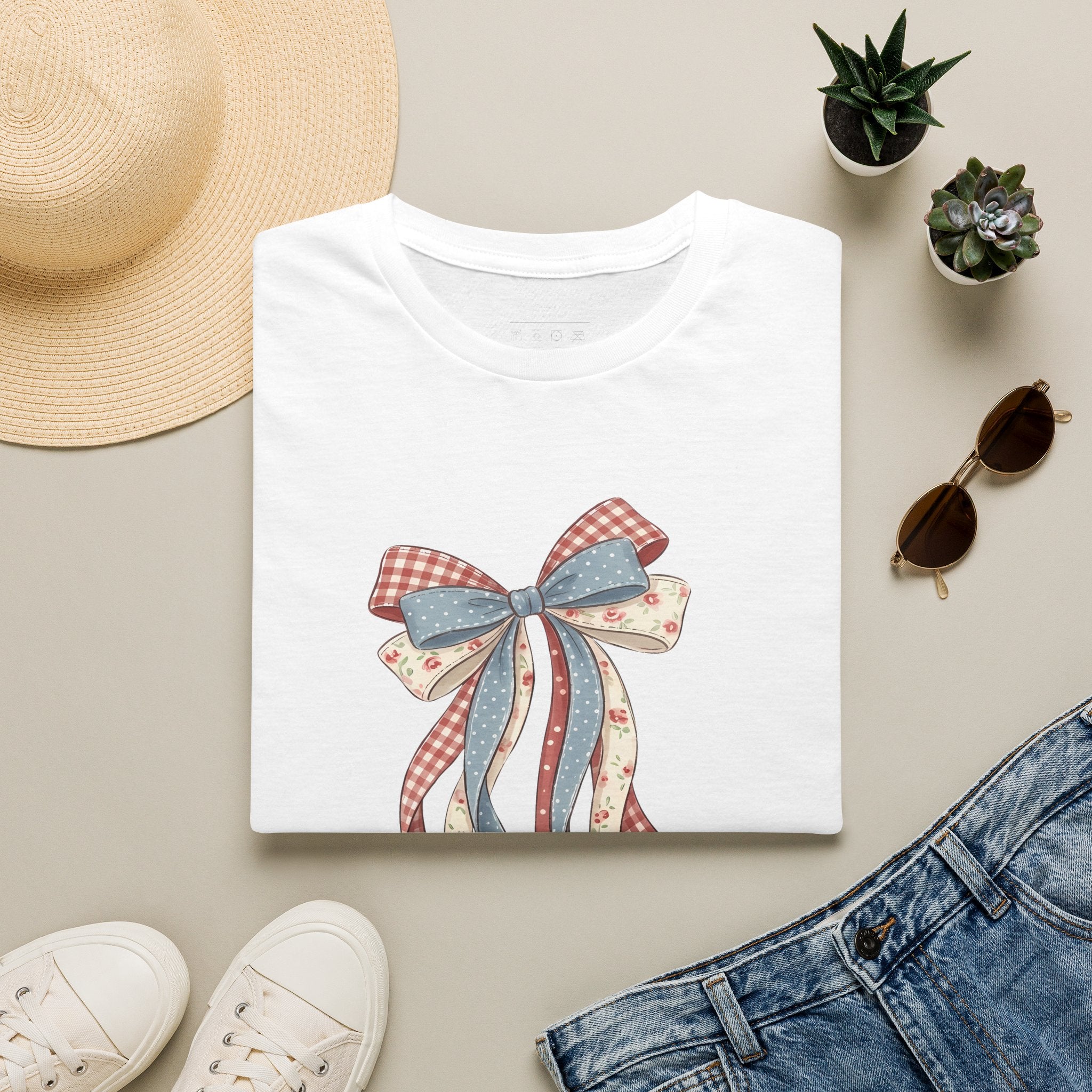 Bow Ribbon T-Shirt — Vintage Americana Floral & Gingham Bow Tee