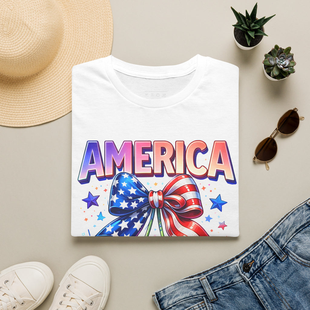 America Patriotic Cherry Graphic T-Shirt — USA Flag Bow 4th of July Tee