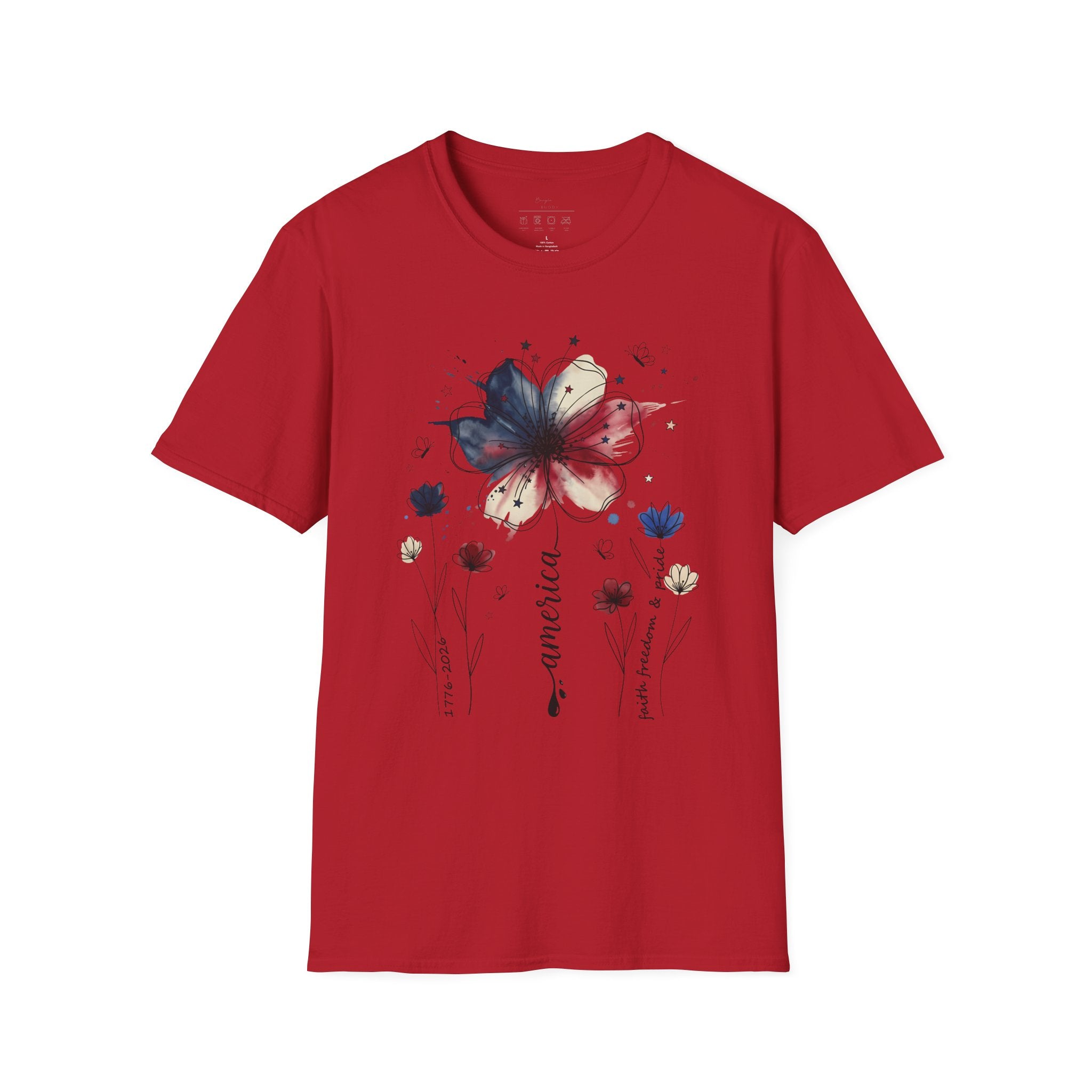 Butterfly Watercolor T-Shirt — Patriotic Red White Blue Floral Graphic