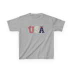Youth, Kids USA Patriotic Tee — Red White & Blue Flag Letters