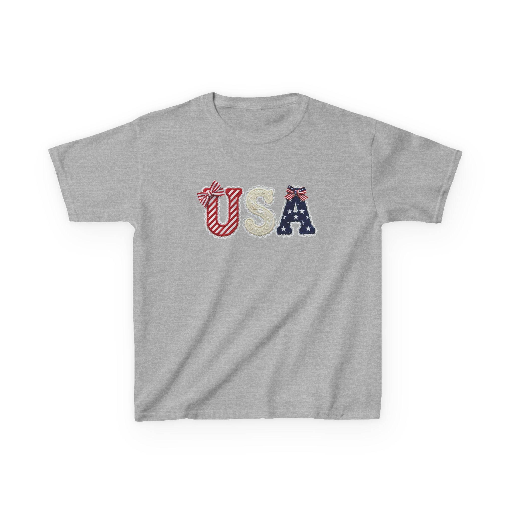 Youth, Kids USA Patriotic Tee — Red White & Blue Flag Letters