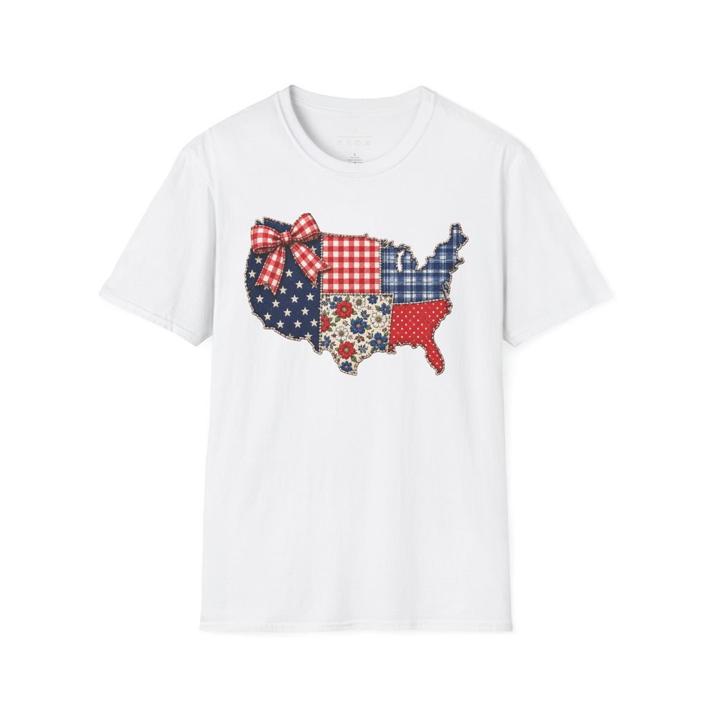 Patriotic Patchwork USA T-Shirt — Quilted Red White & Blue Map Tee