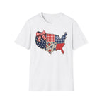 Patriotic Patchwork USA T-Shirt — Quilted Red White & Blue Map Tee