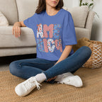 AME Retro Patriotic T-Shirt — Red White Blue Floral & Stripes Graphic Tee