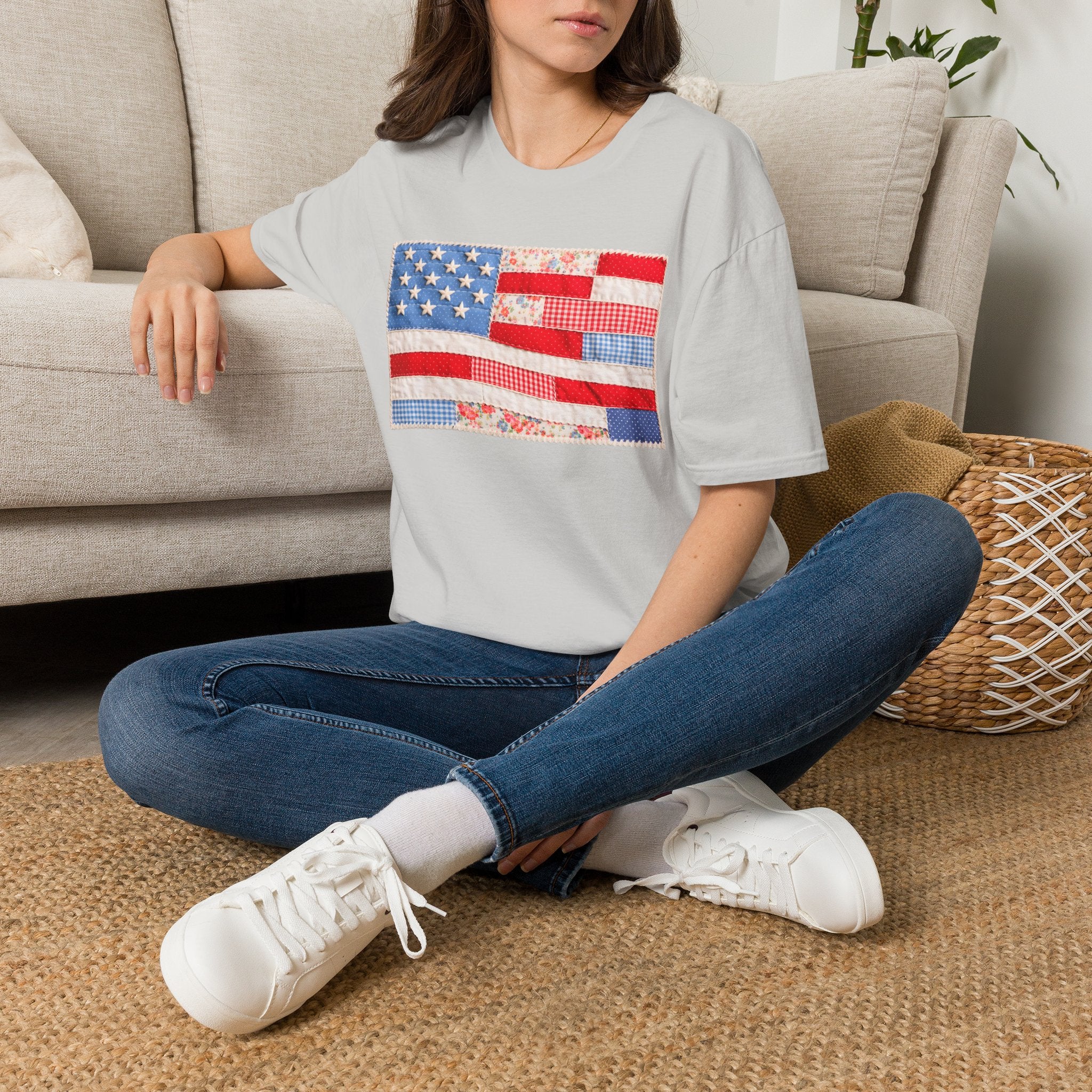 American Patchwork Flag T-Shirt — Vintage Floral Stars & Stripes Tee for 4th of July