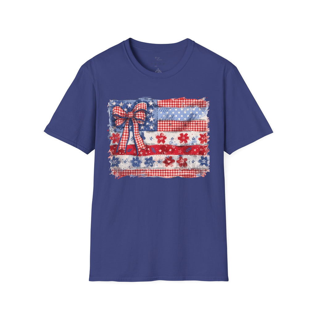 Patriotic Flag Bow T-Shirt — American Red White Blue Fourth of July Tee