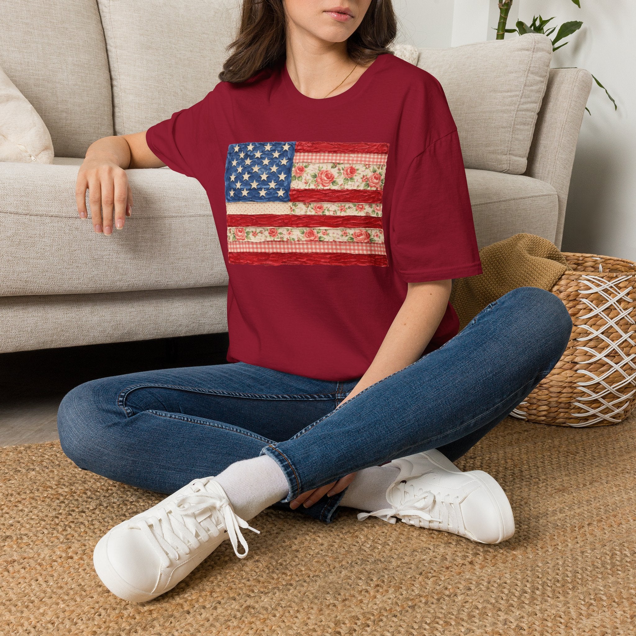 Patriotic Floral American Flag T-Shirt — Vintage Rose USA Tee for Fourth of July