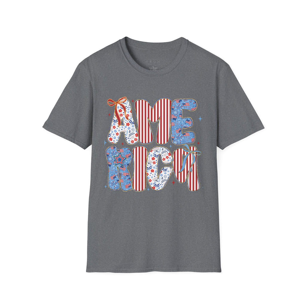AME Retro Patriotic T-Shirt — Red White Blue Floral & Stripes Graphic Tee