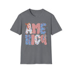 AME Retro Patriotic T-Shirt — Red White Blue Floral & Stripes Graphic Tee