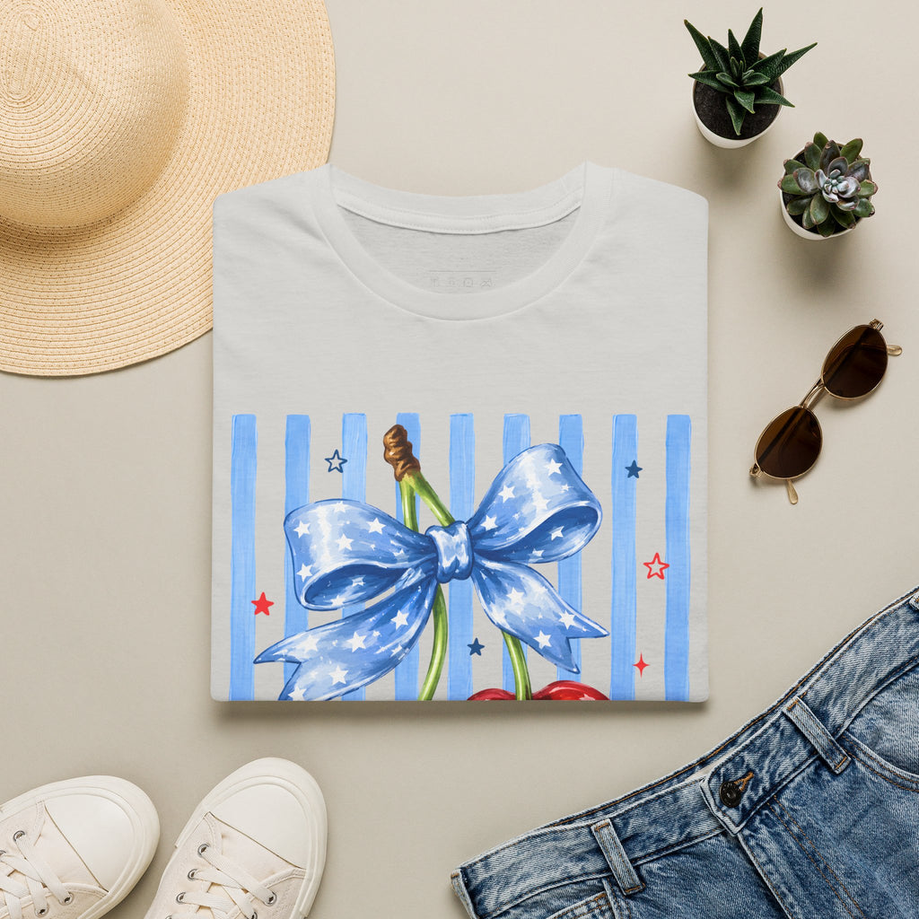 Cherry Graphic T-Shirt — Blue Bow & Striped Summer Tee