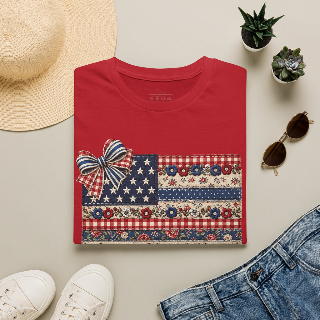Patriotic Floral Flag T-Shirt — Americana Bow Stars & Stripes Top