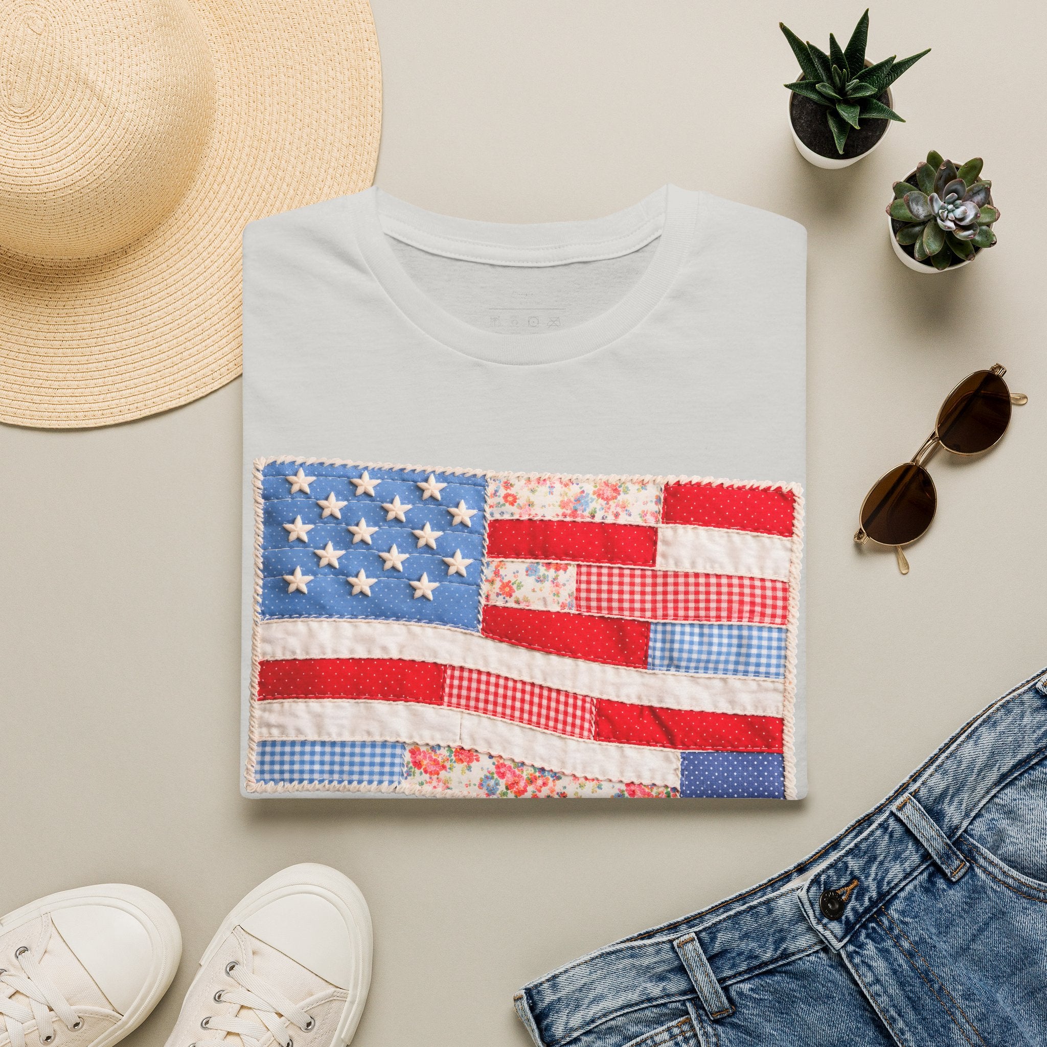 American Patchwork Flag T-Shirt — Vintage Floral Stars & Stripes Tee for 4th of July