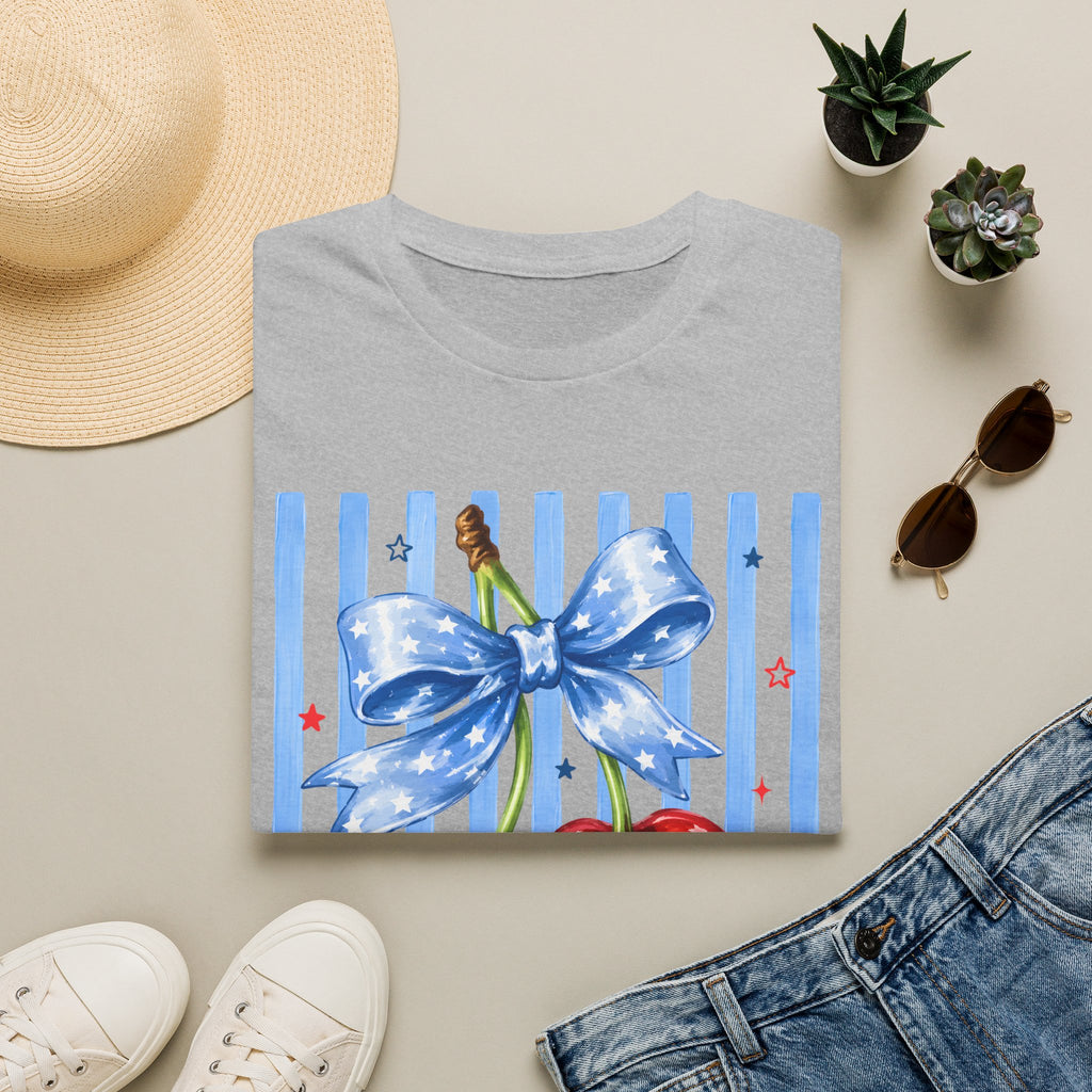 Cherry Graphic T-Shirt — Blue Bow & Striped Summer Tee