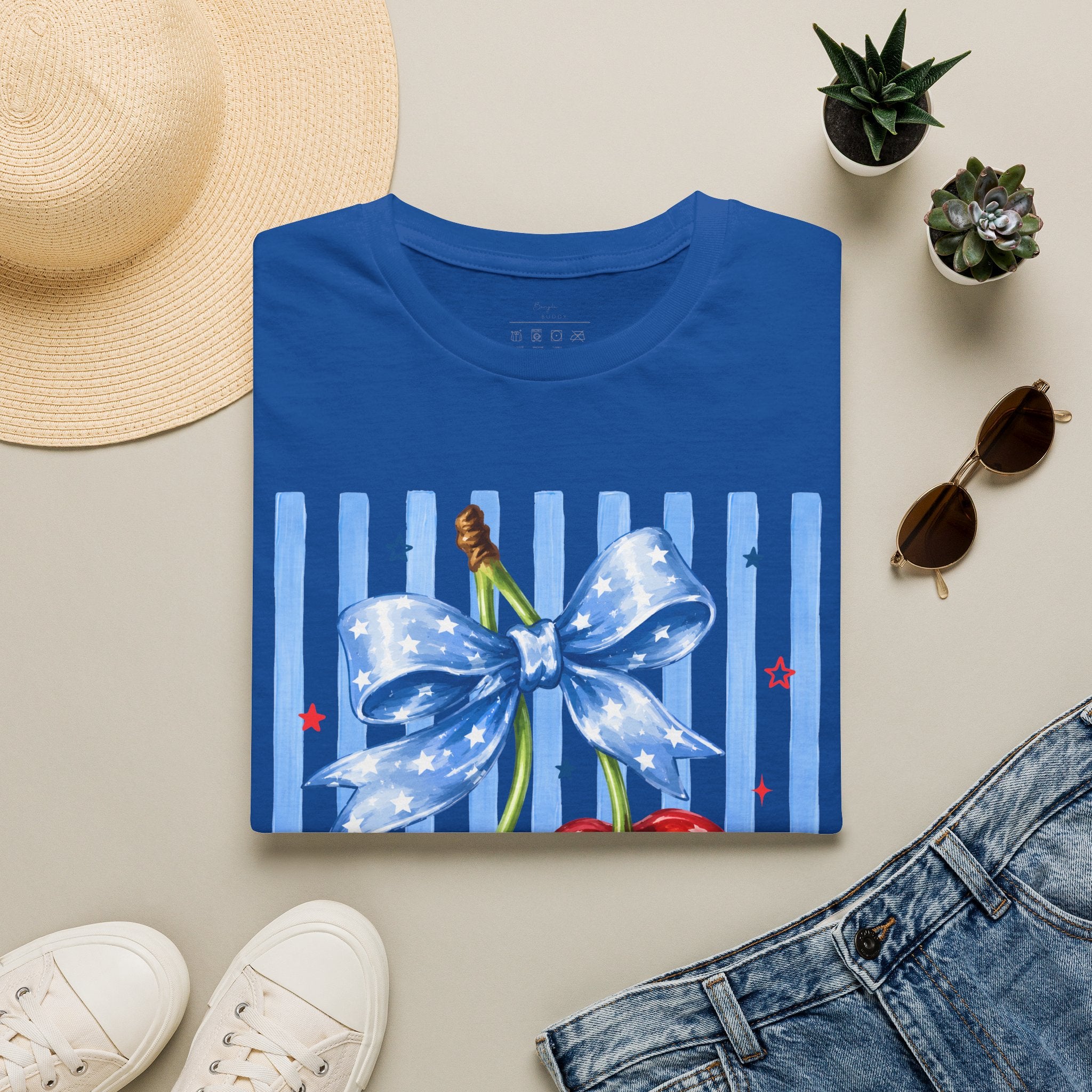 Cherry Graphic T-Shirt — Blue Bow & Striped Summer Tee