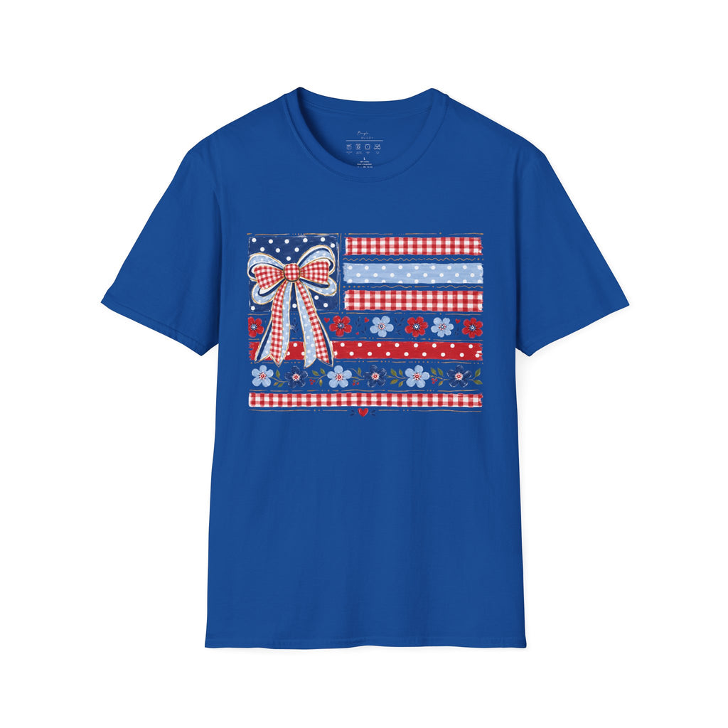 Patriotic Bow Flag T-Shirt – Red White Blue American Floral Plaid Tee