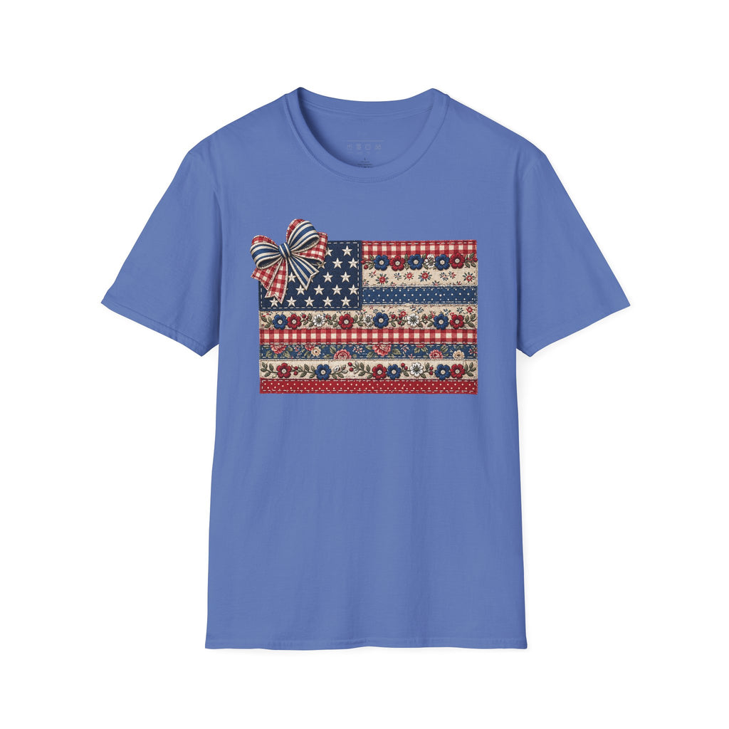 Patriotic Floral Flag T-Shirt — Americana Bow Stars & Stripes Top