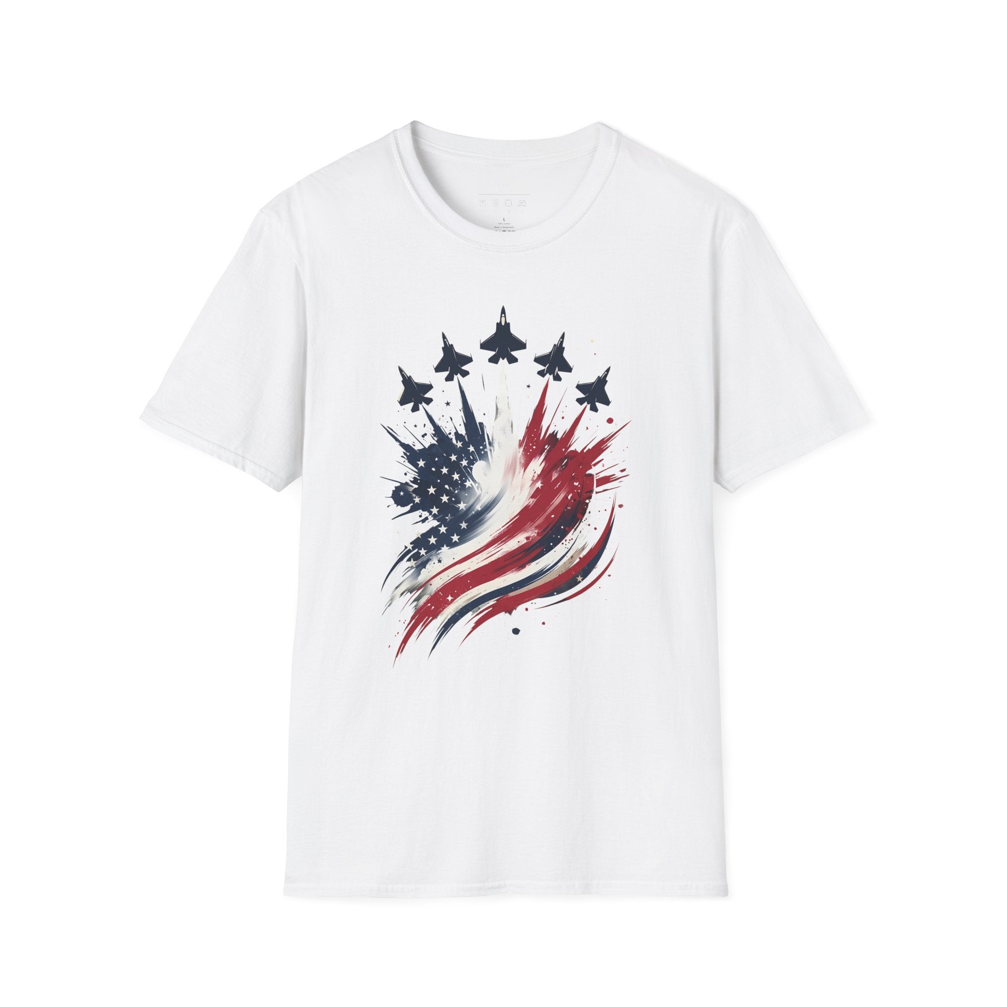 T-Shirt — Patriotic Jet Flyover with American Flag Splash