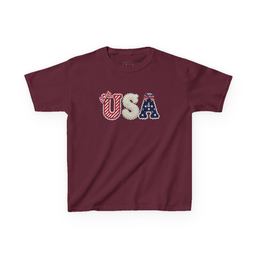 Youth, Kids USA Patriotic Tee — Red White & Blue Flag Letters