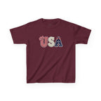 Youth, Kids USA Patriotic Tee — Red White & Blue Flag Letters