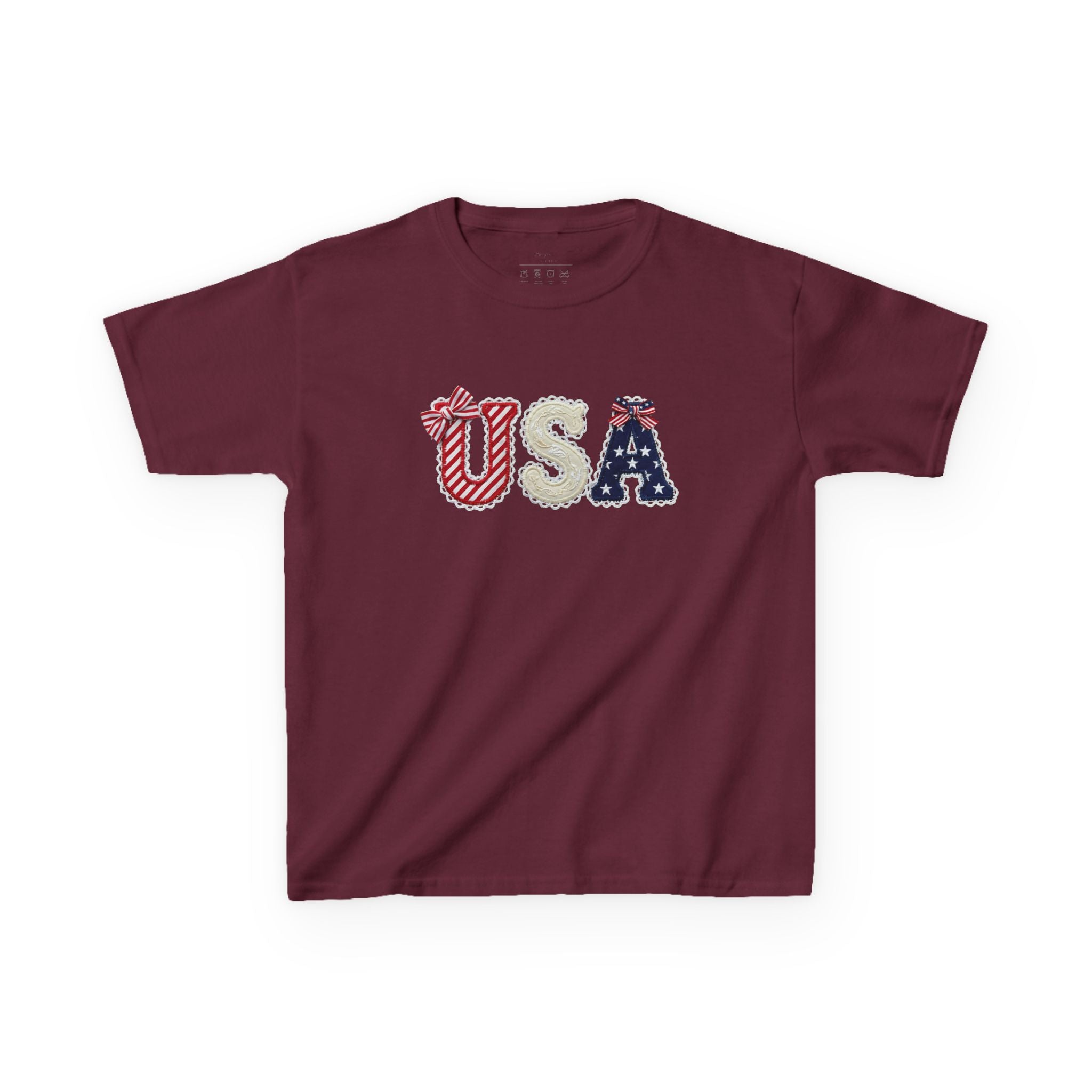 Youth, Kids USA Patriotic Tee — Red White & Blue Flag Letters