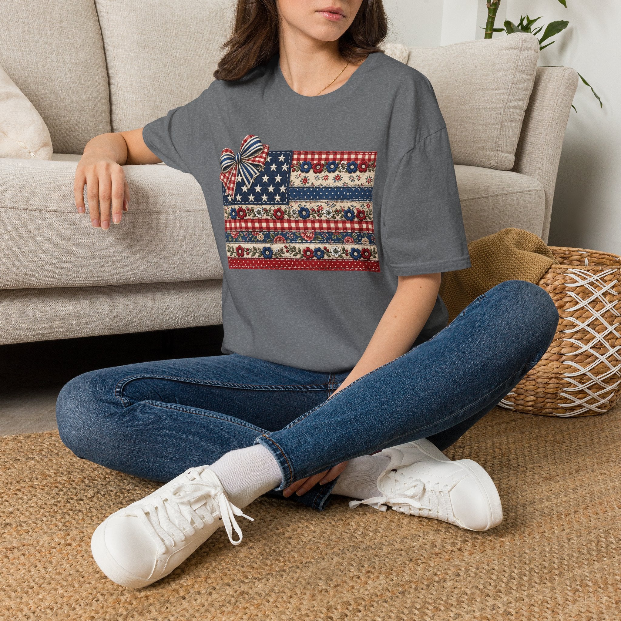 Patriotic Floral Flag T-Shirt — Americana Bow Stars & Stripes Top