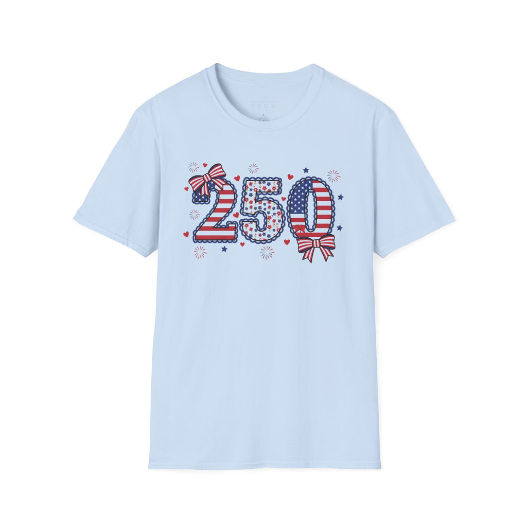 250 Patriotic T-Shirt — USA Flag Number Tee with Stars & Bows (Fourth of July)