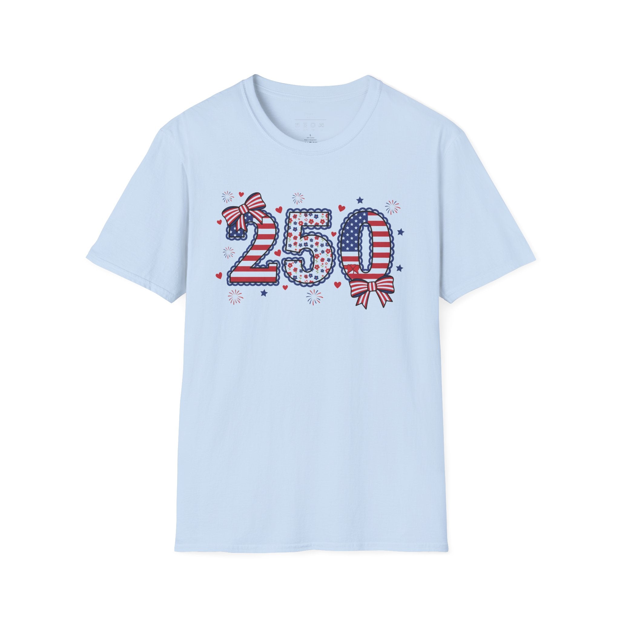 250 Patriotic T-Shirt — USA Flag Number Tee with Stars & Bows (Fourth of July)