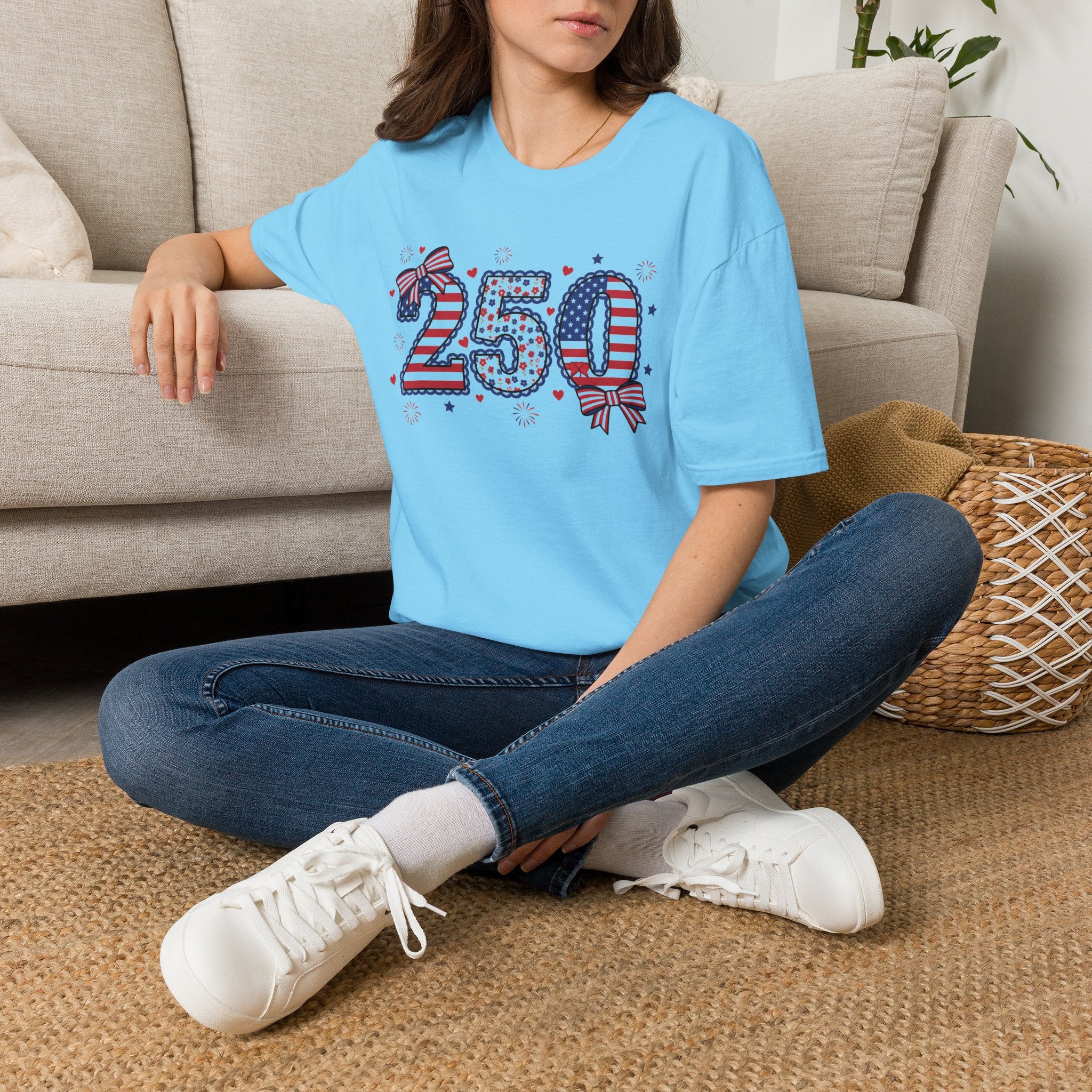 250 Patriotic T-Shirt — USA Flag Number Tee with Stars & Bows (Fourth of July)