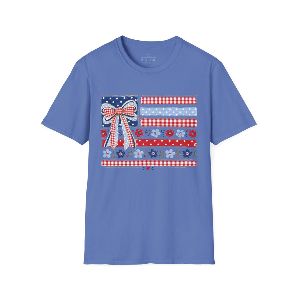 Patriotic Bow Flag T-Shirt – Red White Blue American Floral Plaid Tee
