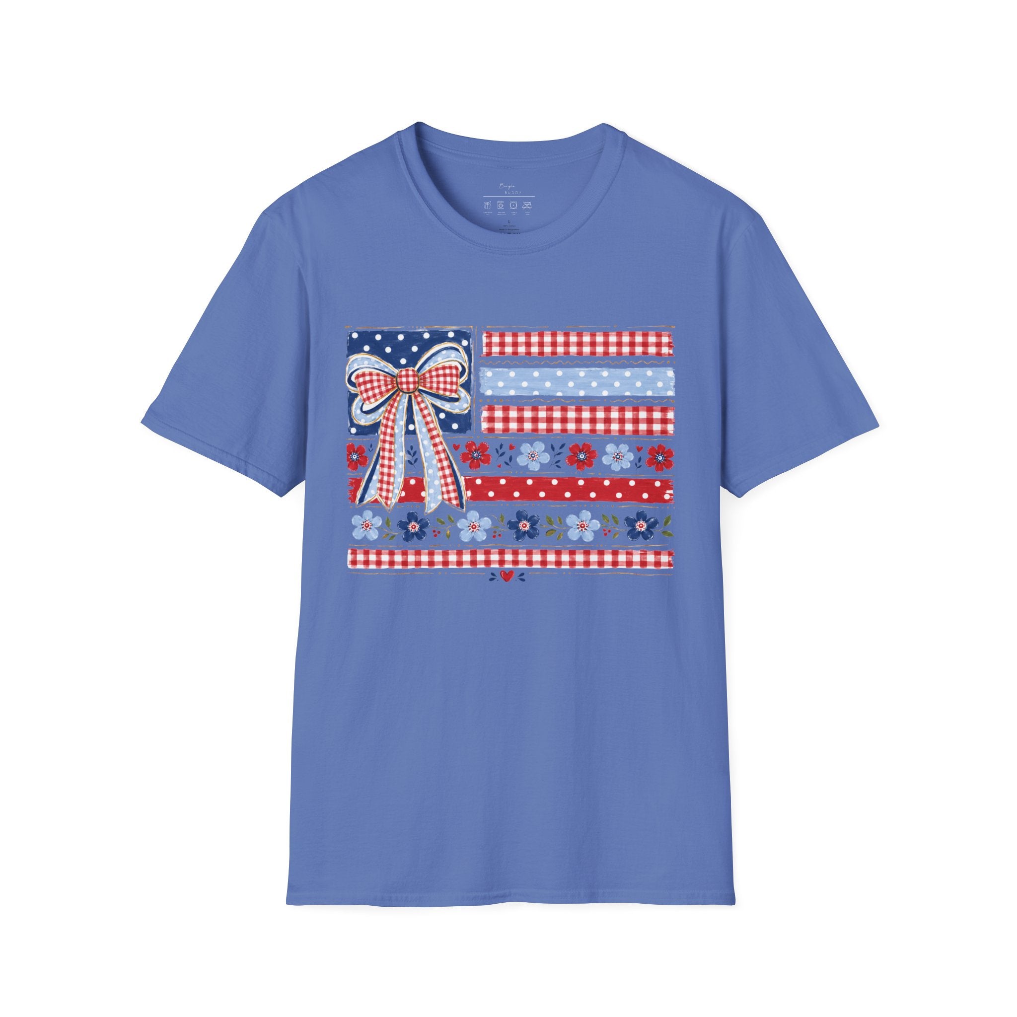 Patriotic Bow Flag T-Shirt – Red White Blue American Floral Plaid Tee