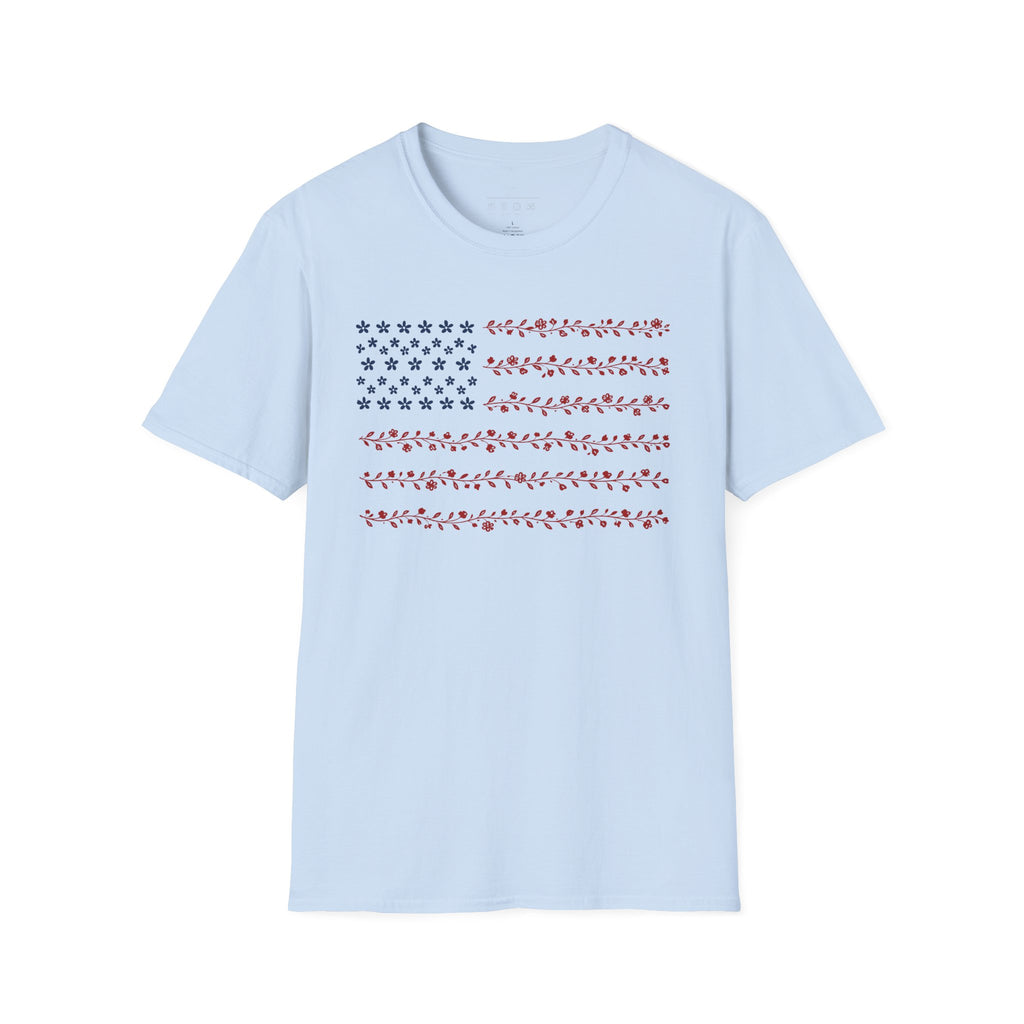 Floral American Flag T-Shirt — Patriotic Red & Blue Botanical Tee for 4th of July