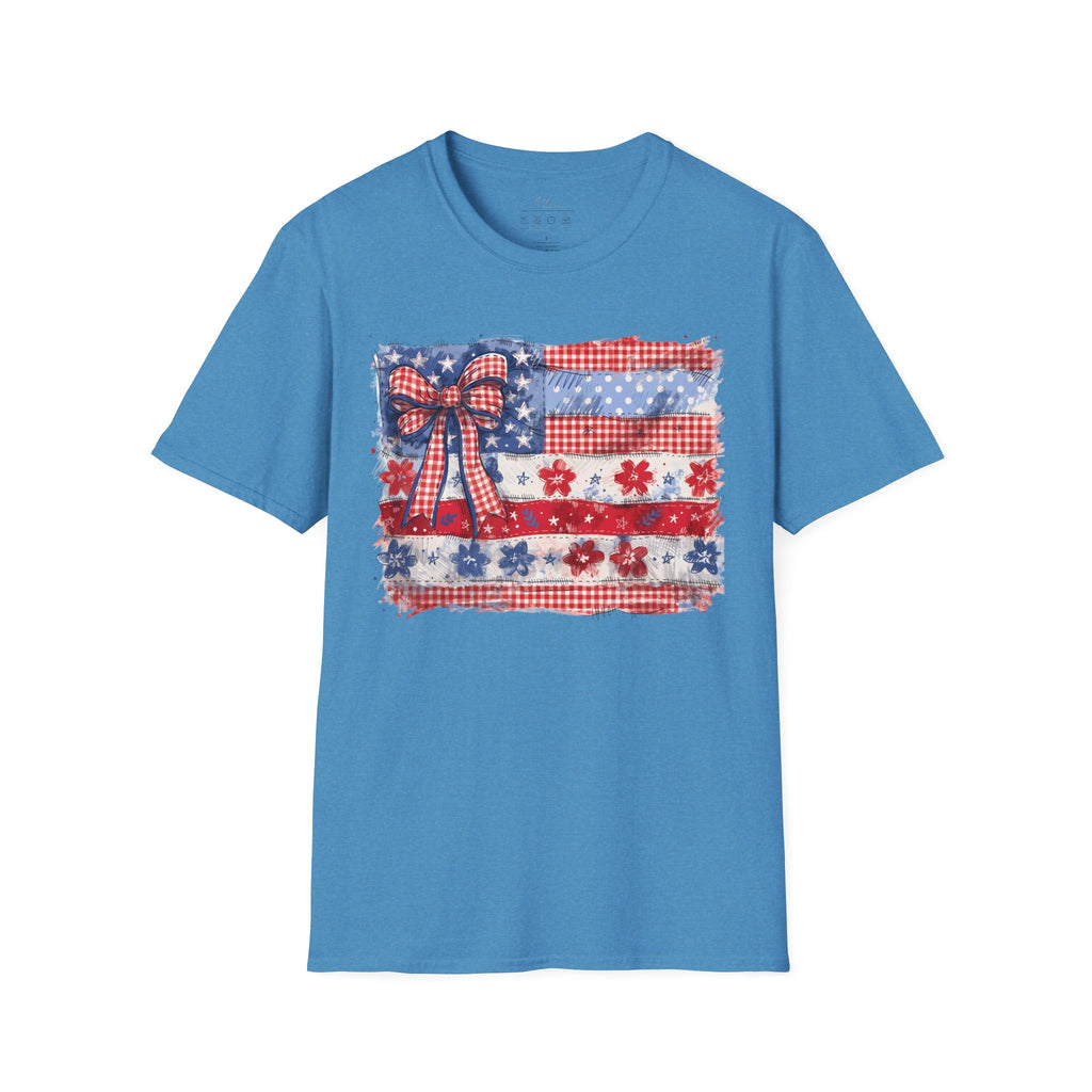 Patriotic Flag Bow T-Shirt — American Red White Blue Fourth of July Tee
