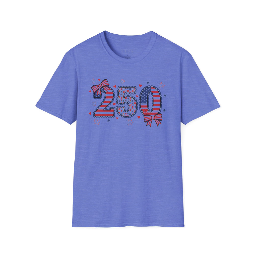 250 Patriotic T-Shirt — USA Flag Number Tee with Stars & Bows (Fourth of July)