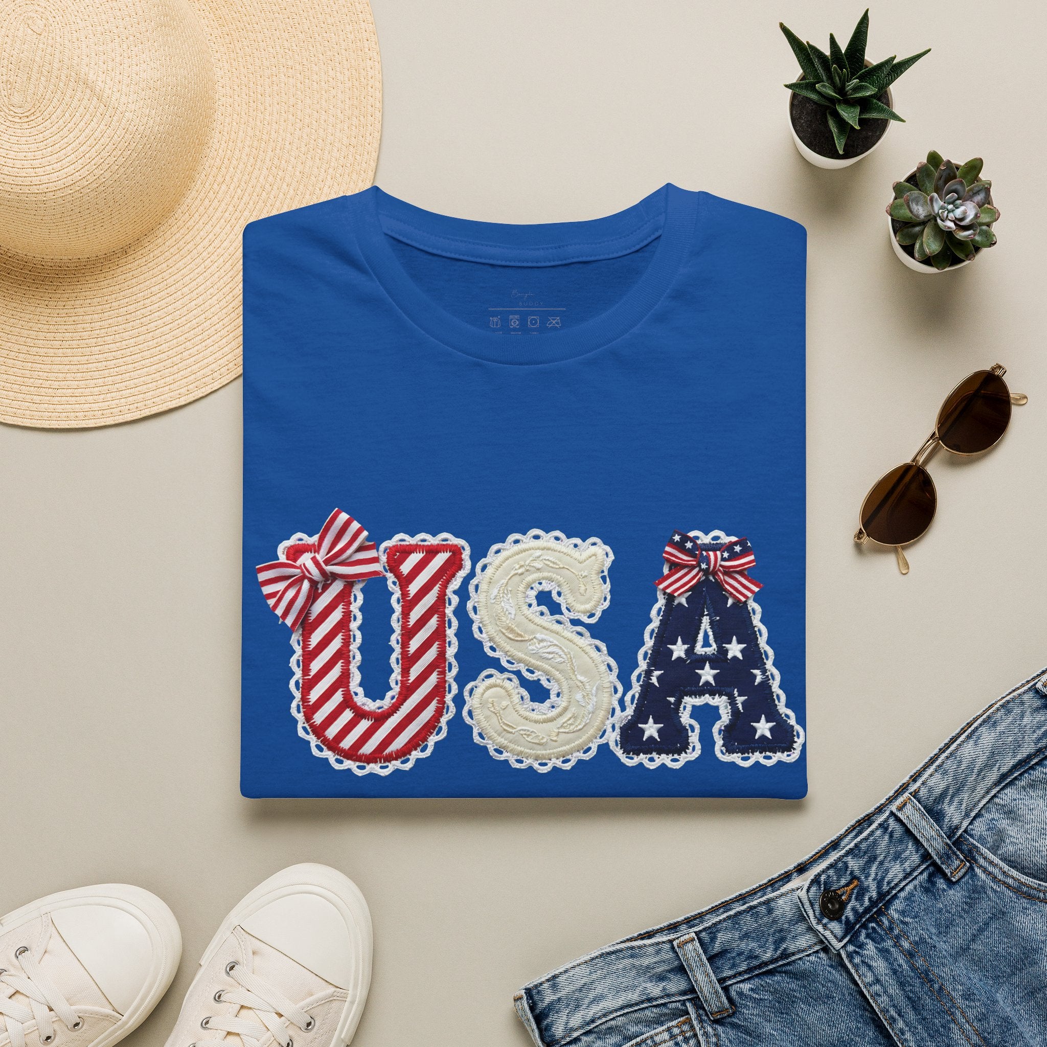 USA Applique T-Shirt — Patriotic 4th of July Flag Letter Tee