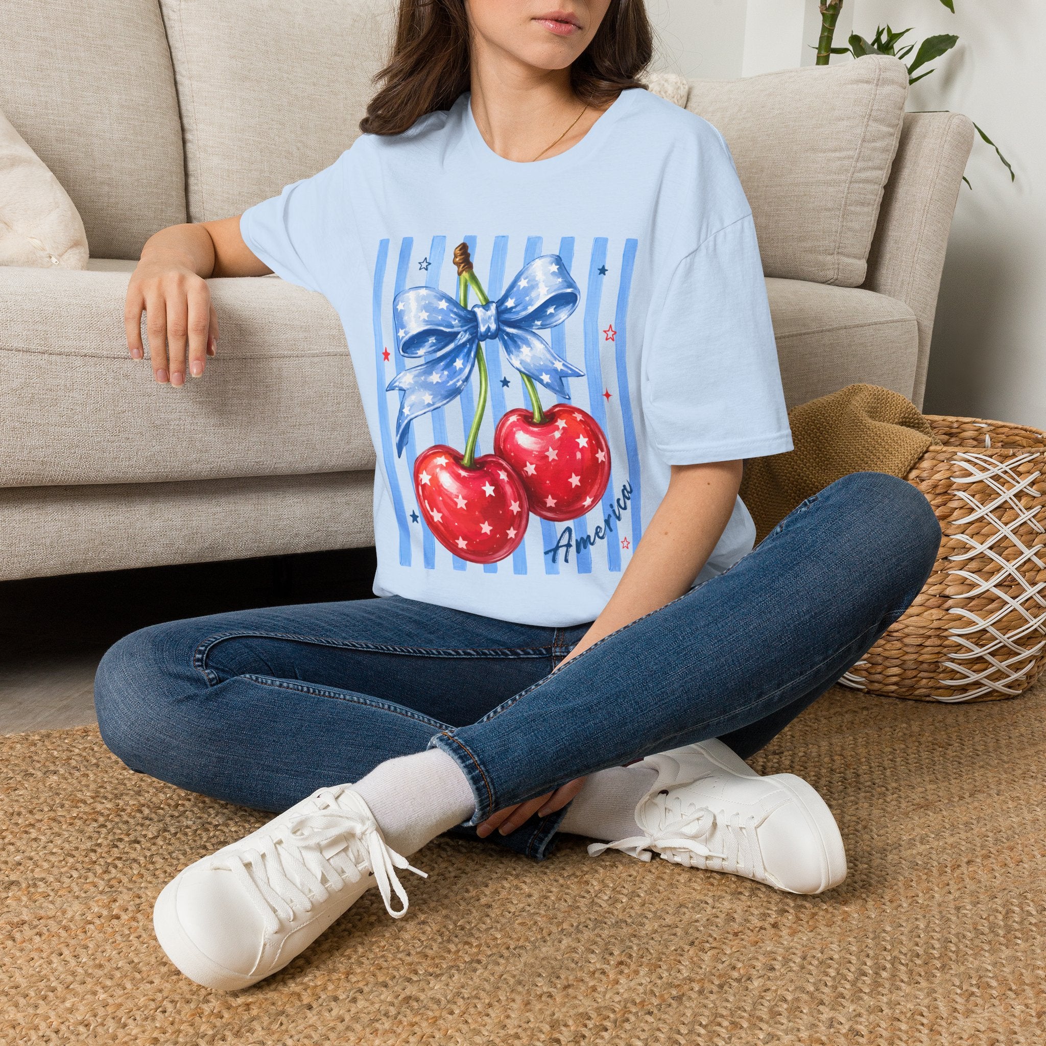 Cherry Graphic T-Shirt — Blue Bow & Striped Summer Tee