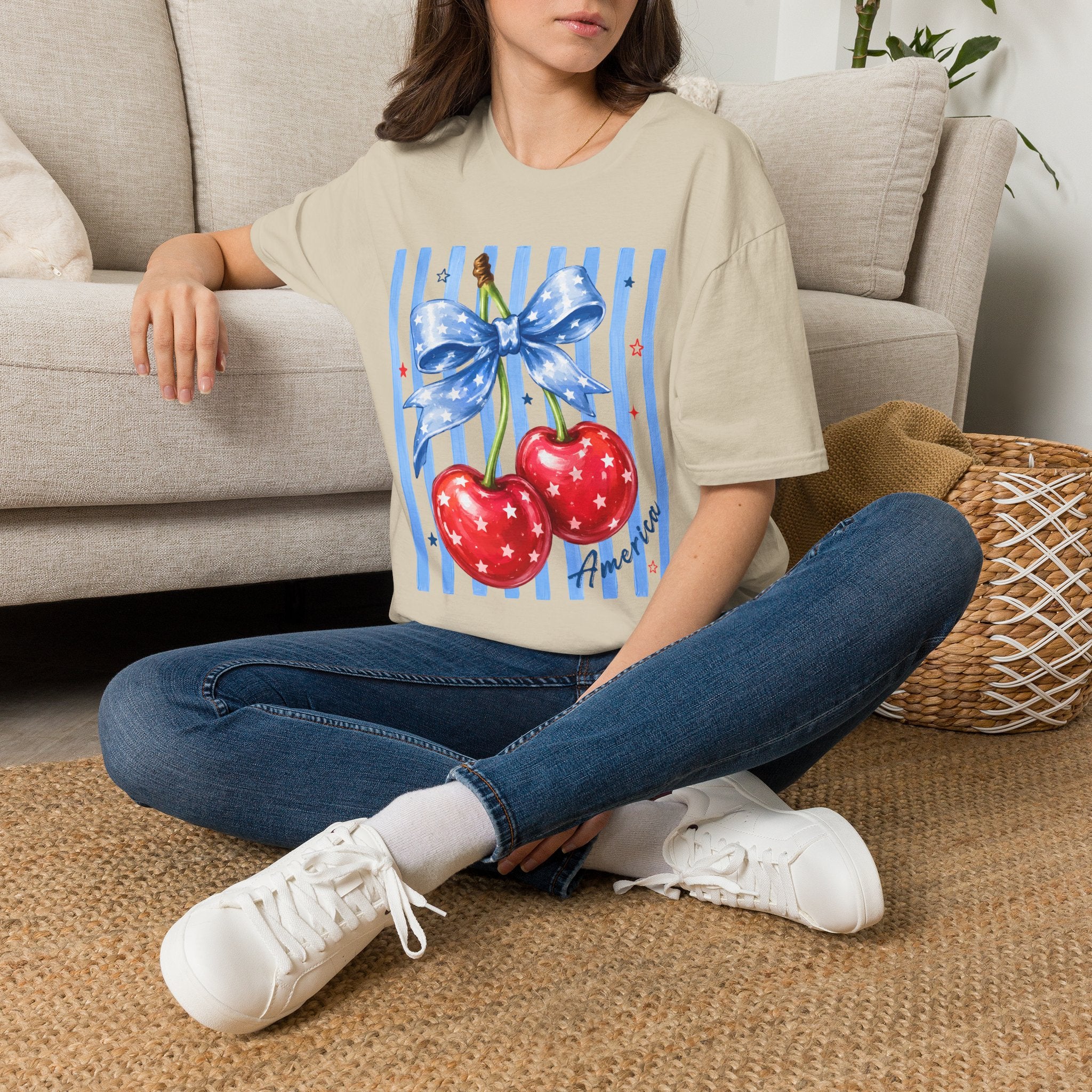 Cherry Graphic T-Shirt — Blue Bow & Striped Summer Tee