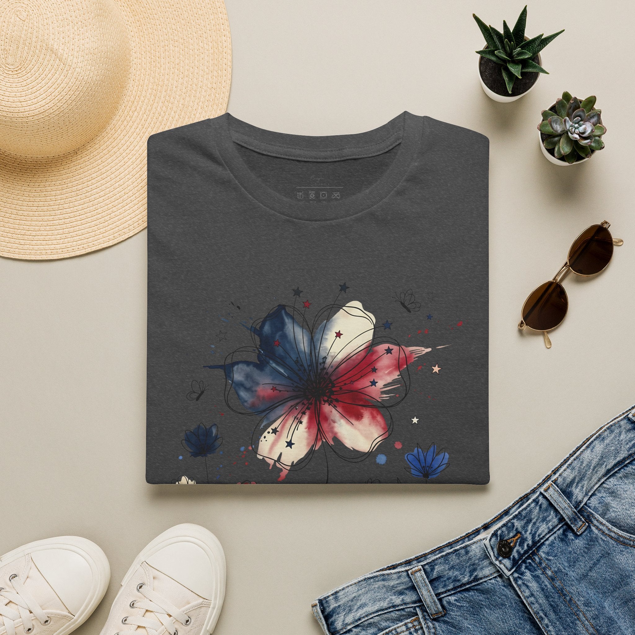 Butterfly Watercolor T-Shirt — Patriotic Red White Blue Floral Graphic