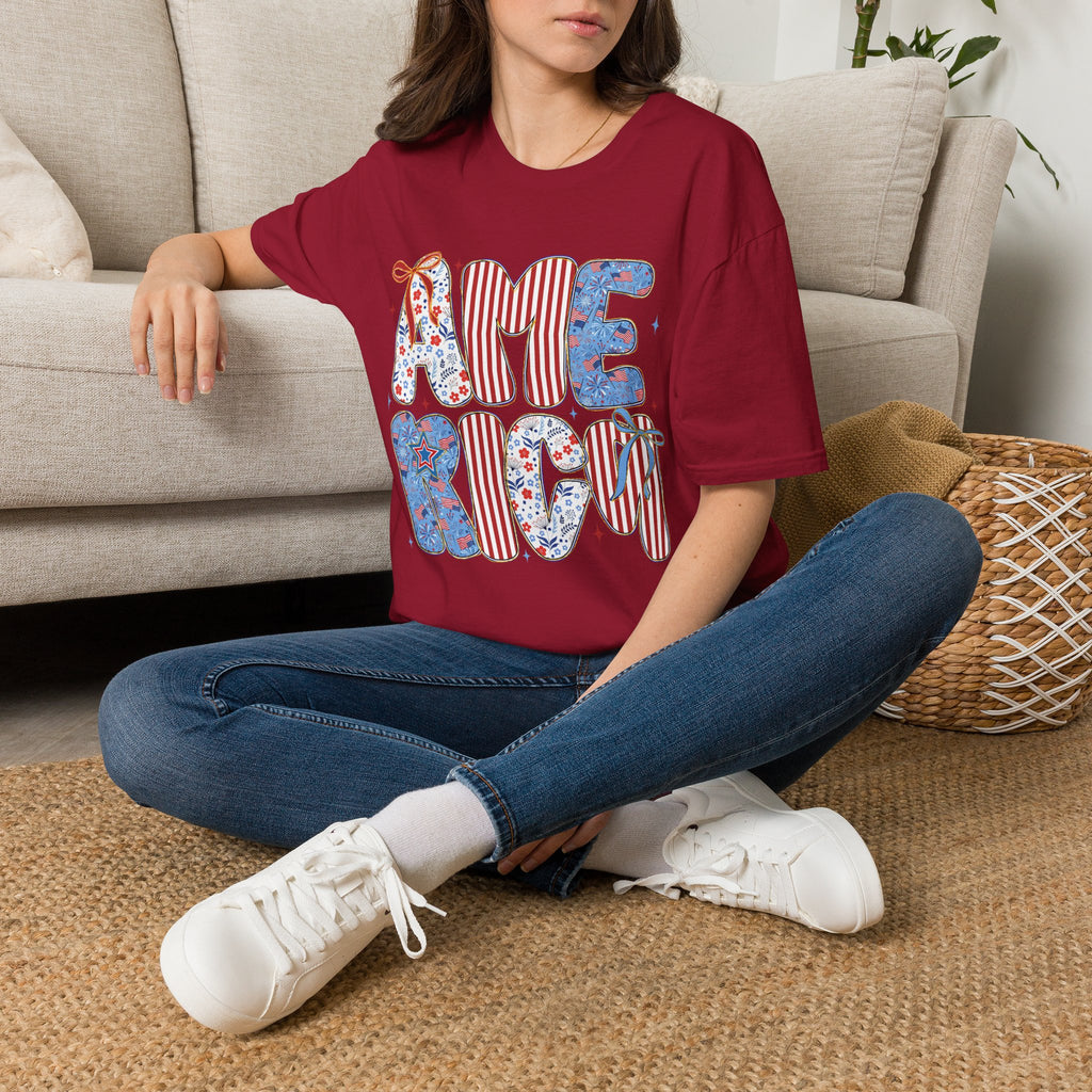 AME Retro Patriotic T-Shirt — Red White Blue Floral & Stripes Graphic Tee