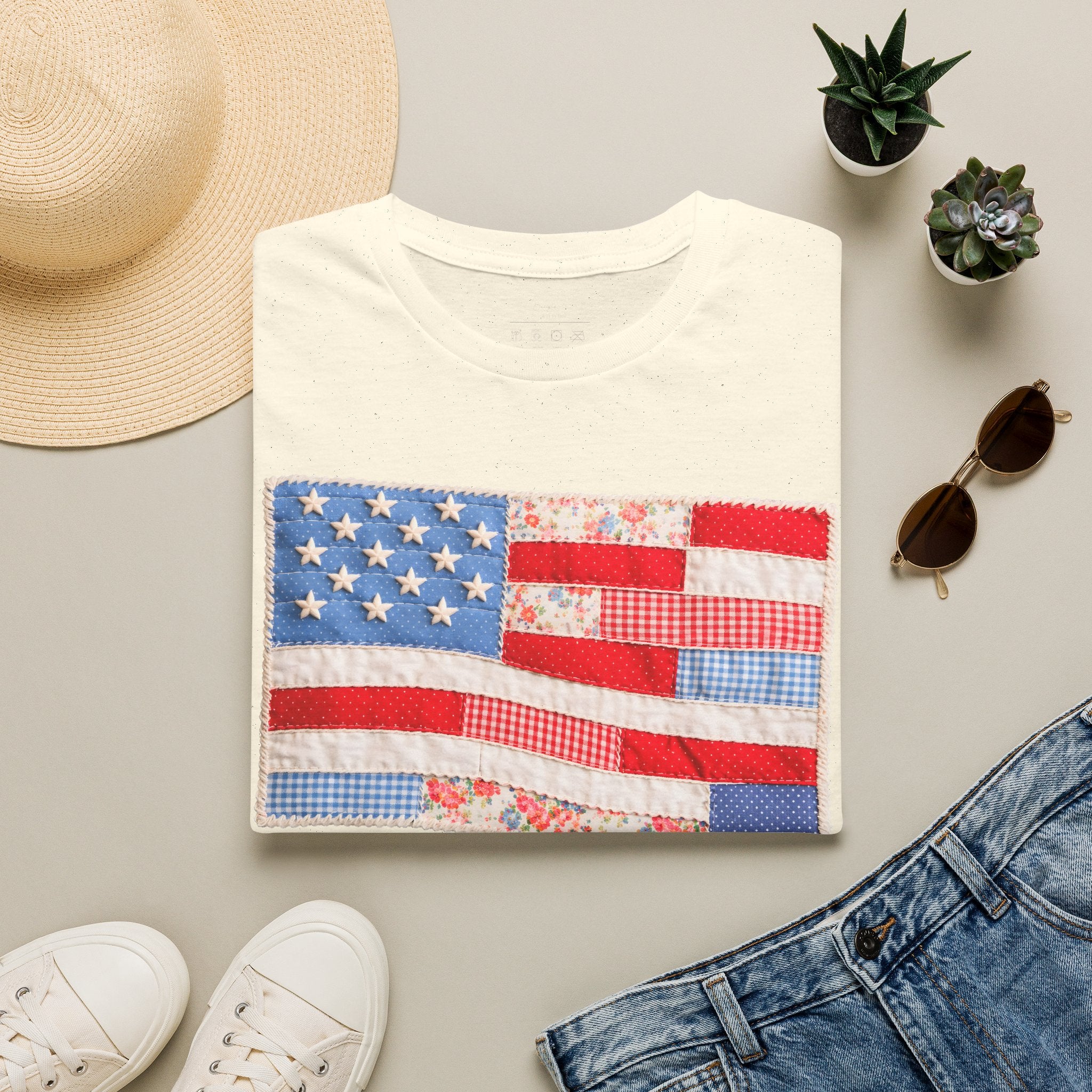 American Patchwork Flag T-Shirt — Vintage Floral Stars & Stripes Tee for 4th of July