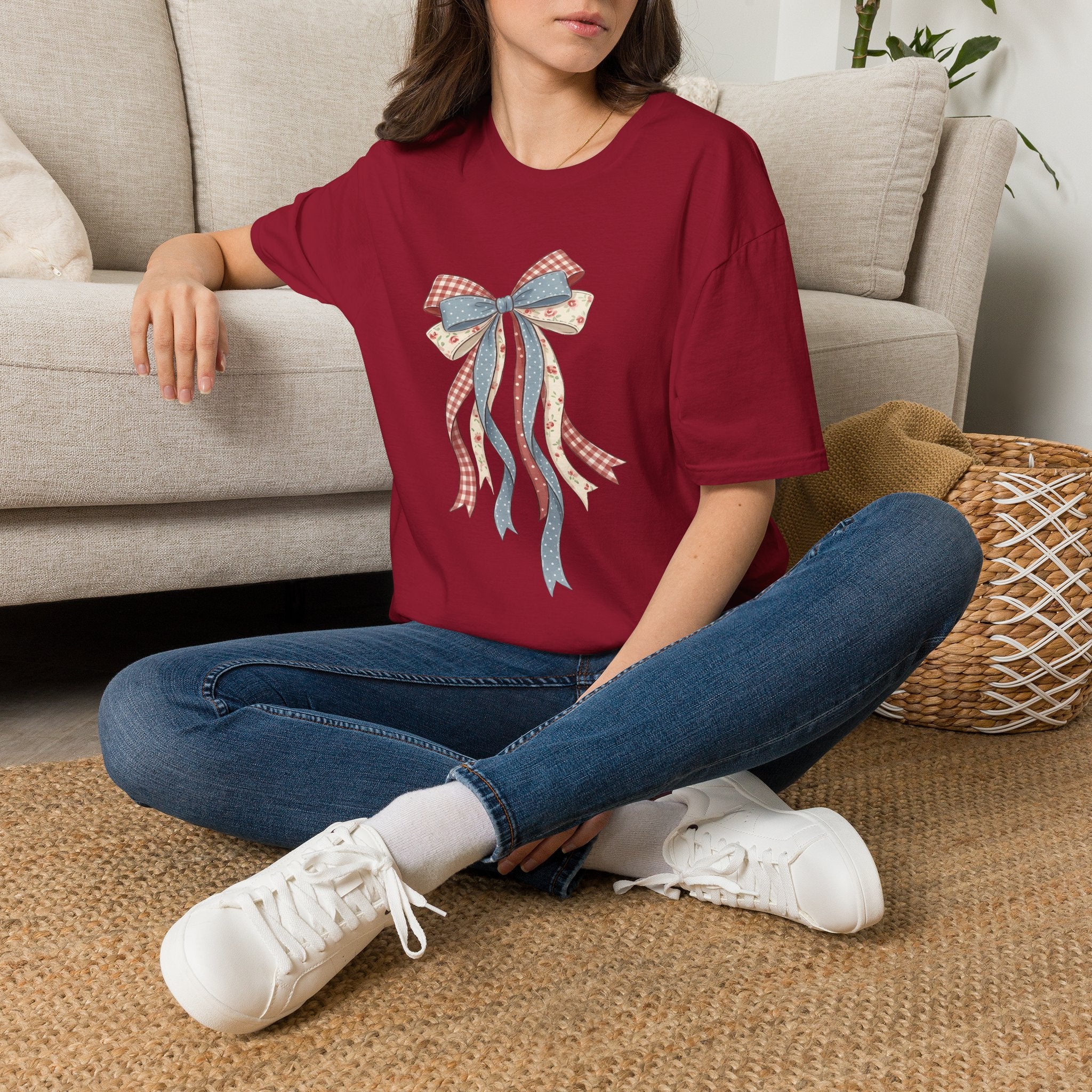 Bow Ribbon T-Shirt — Vintage Americana Floral & Gingham Bow Tee