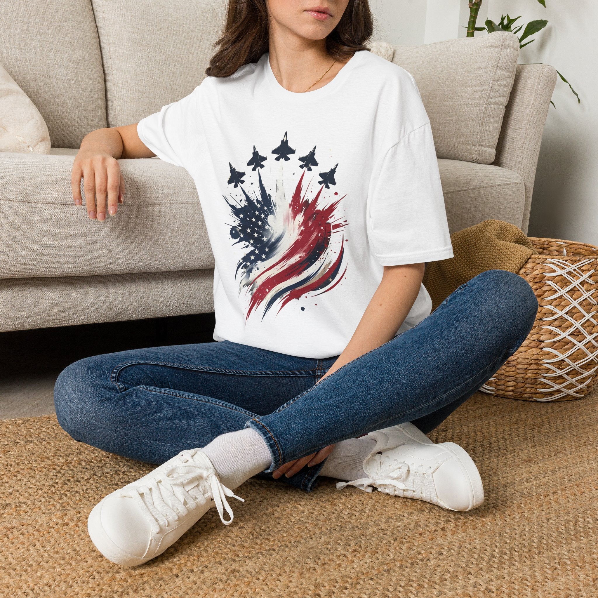 T-Shirt — Patriotic Jet Flyover with American Flag Splash
