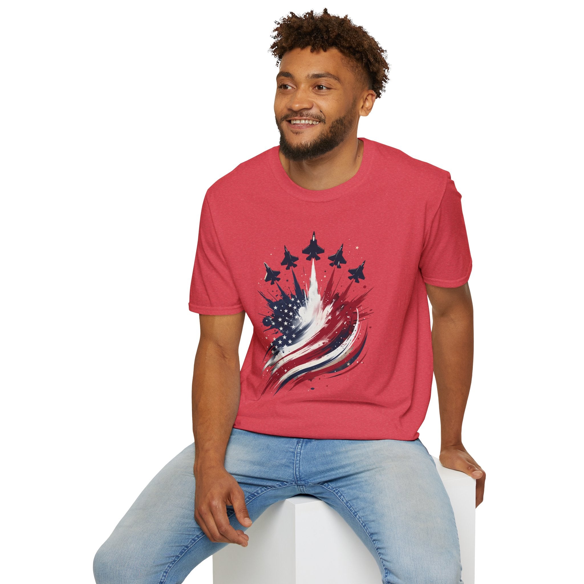 T-Shirt — Patriotic Jet Flyover with American Flag Splash