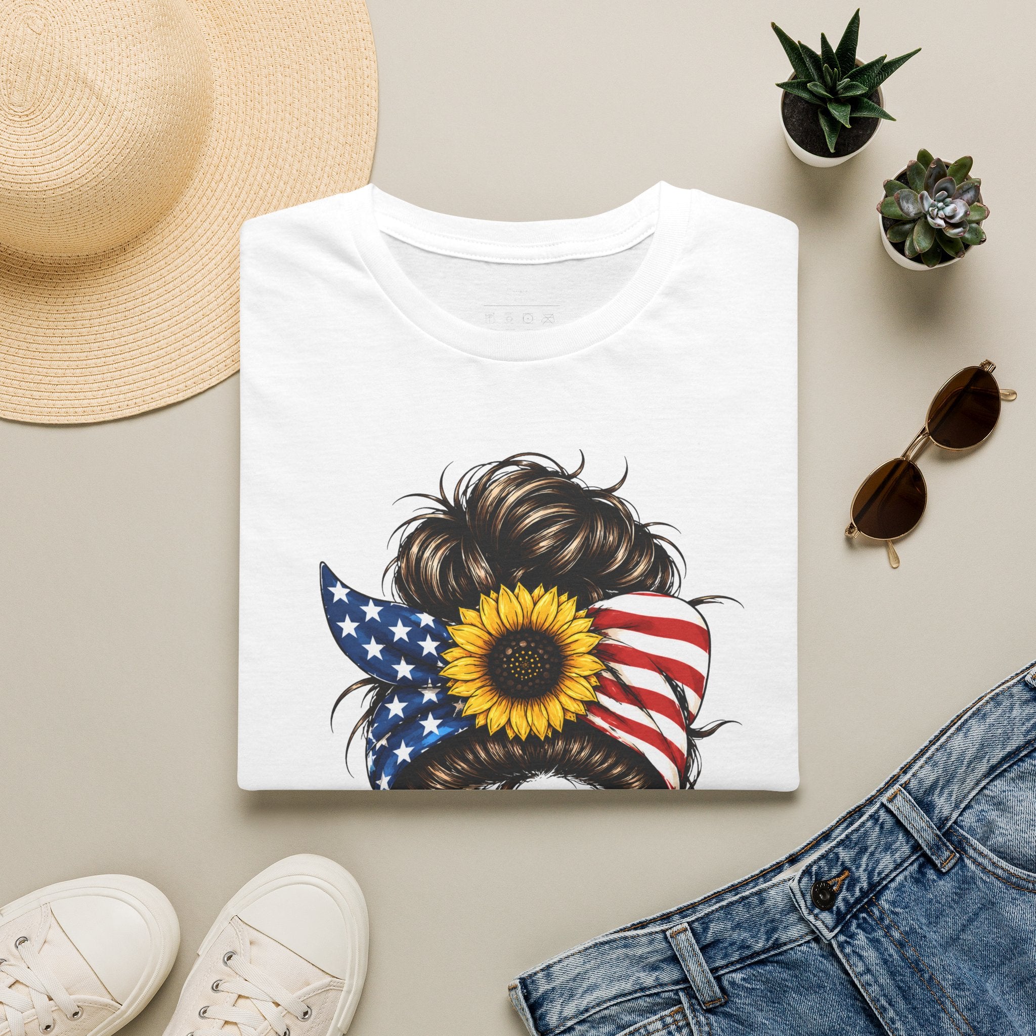 T-Shirt — Patriotic Sunflower Messy Bun (America)