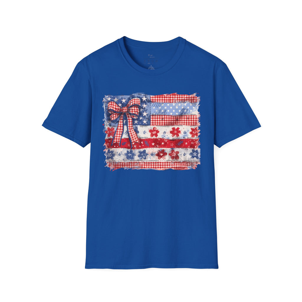 Patriotic Flag Bow T-Shirt — American Red White Blue Fourth of July Tee