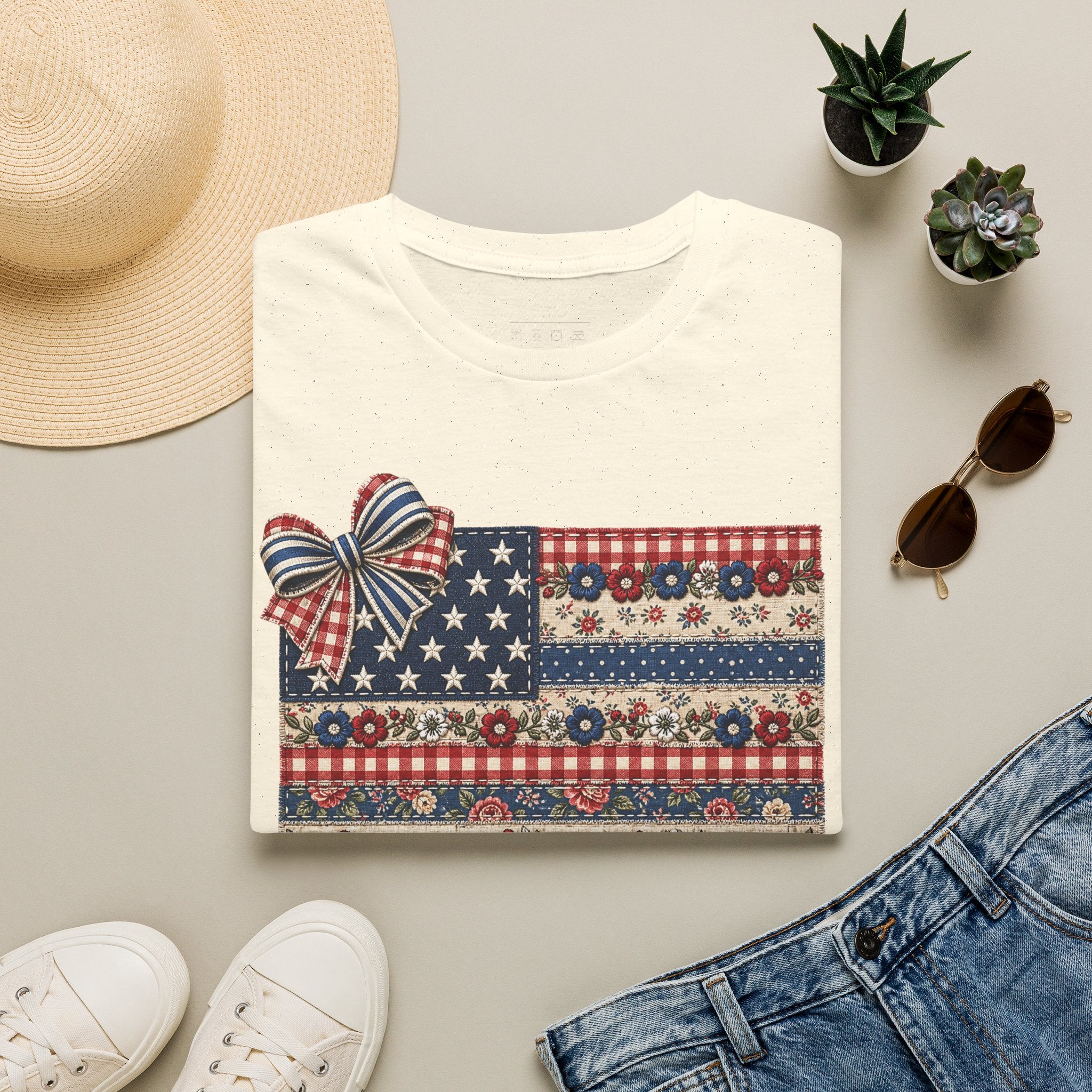 Patriotic Floral Flag T-Shirt — Americana Bow Stars & Stripes Top
